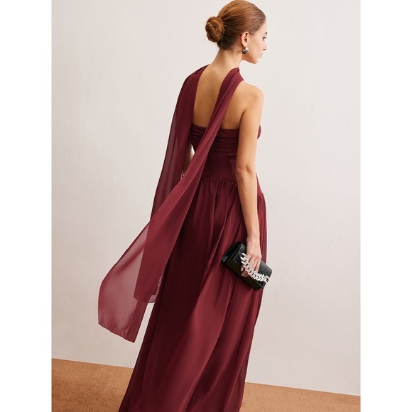 Commense Semi-Sheer Ruched Long-Ribbon Tube Dress red size M/6 - Picture 6 of 10